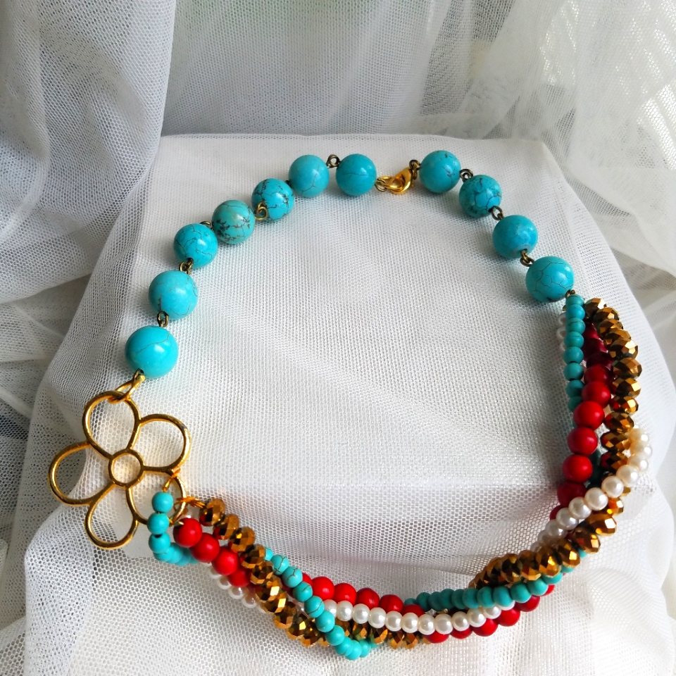 Genuine Turquoise & Coral Faux Pearls Swarovski Crystal Elements Choker Necklace